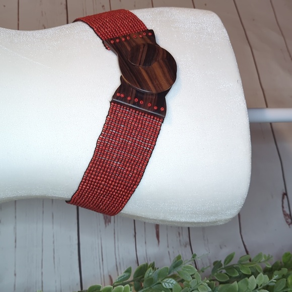 Vtg Glass Bead Wood Stretchy Elastic Belt Burnt Orange‎ Belt  display picture 1